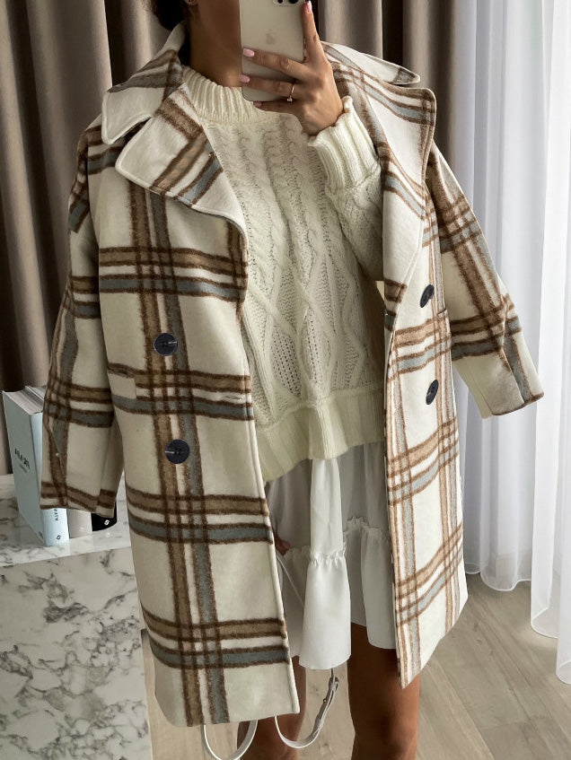 Women's Coats Lapel Double Breasted Long Sleeve Plaid Wool Coat