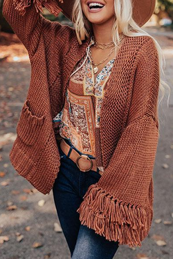 Solid Double Pockets Tassel Cardigan