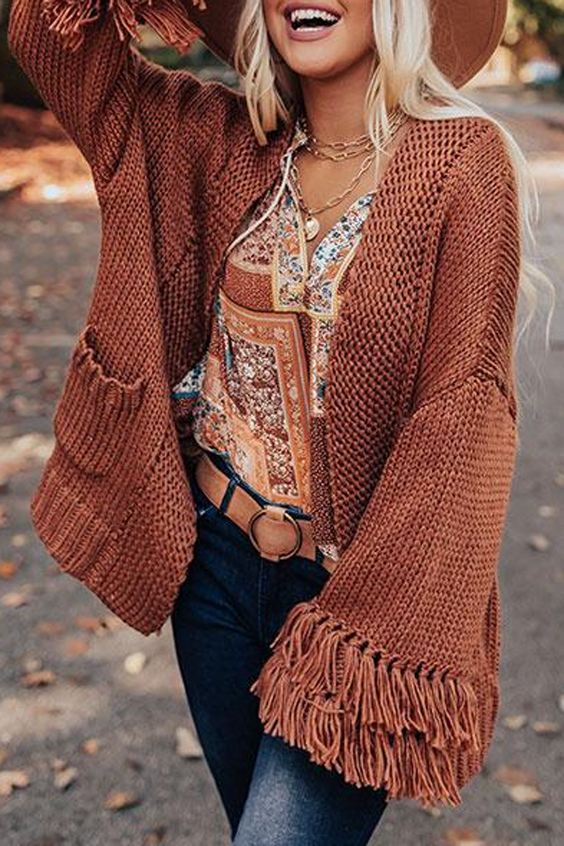 Solid Double Pockets Tassel Cardigan