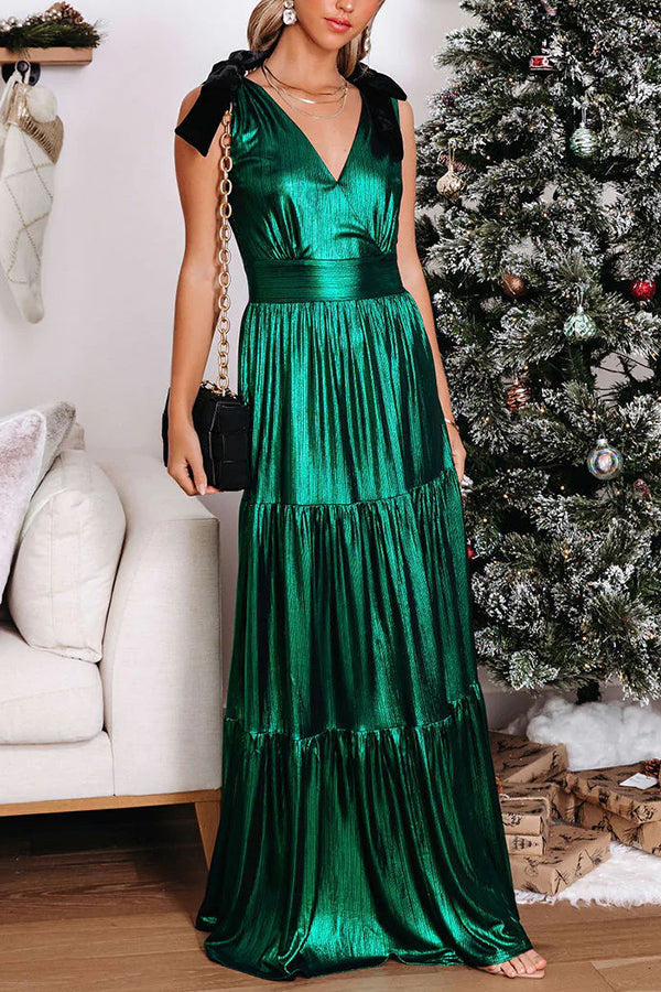 Charming Days Velvet Shoulder Tie Metallic Maxi Dress