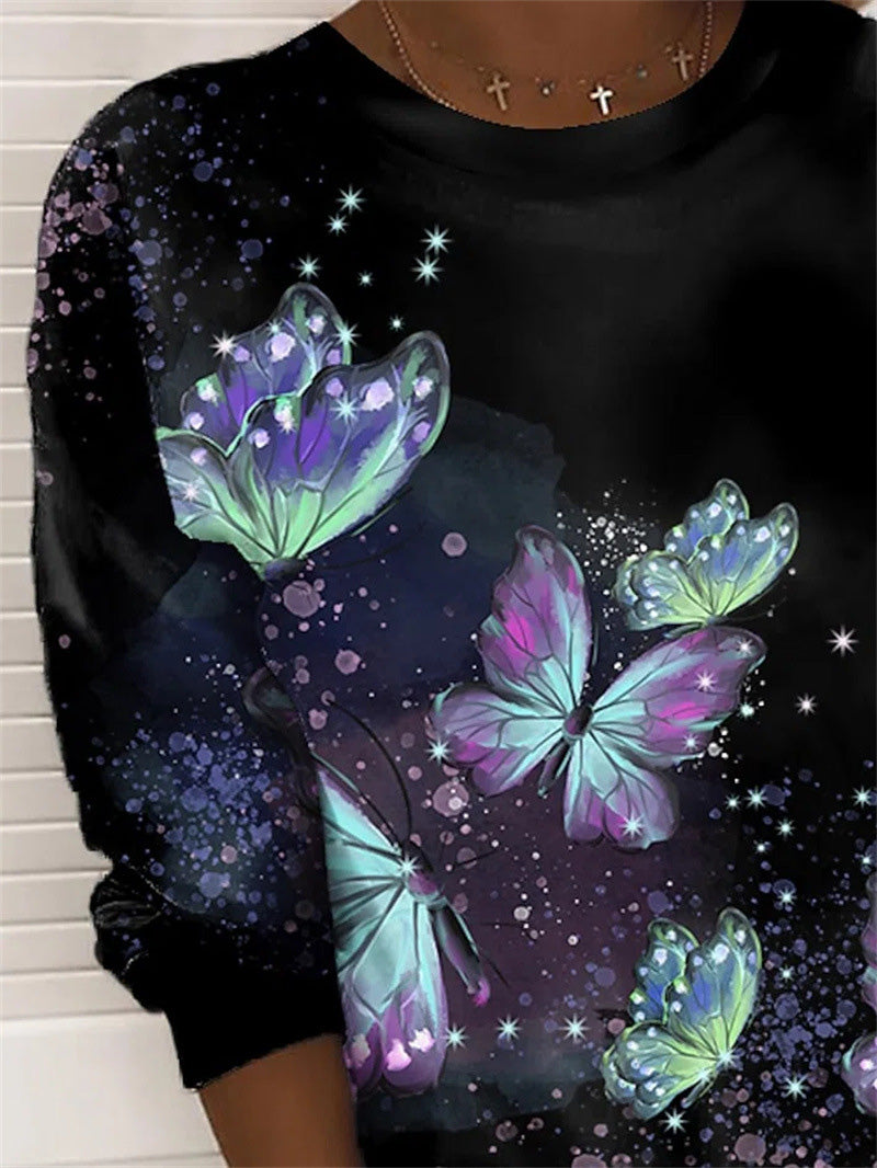 Women's T-Shirts Butterfly Print Round Neck Long Sleeve T-Shirt