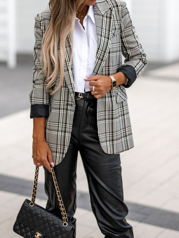 Women's Blazers Lapel Check Print Long Sleeve Blazer