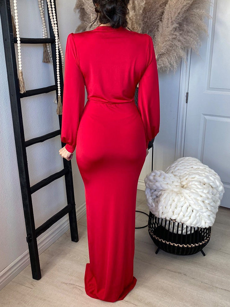 Women's Dresses V Neck Long Sleeve Slim Fit Slit Dress