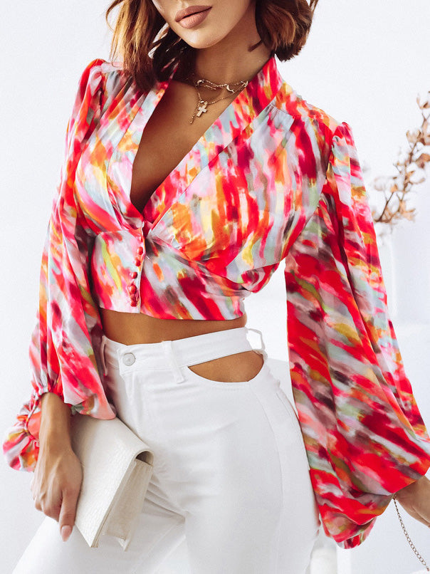 Women's Blouses Deep V Neck Print Balloon Sleeve Blouse