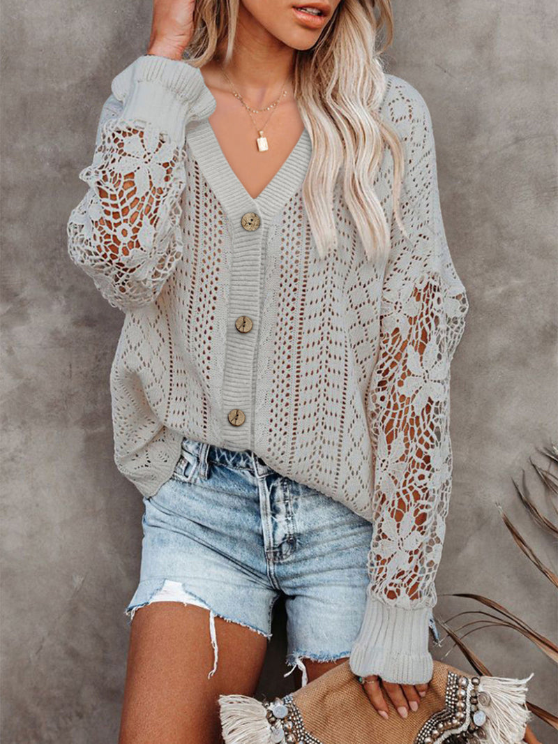 Women's Cardigans Single Breasted Hollow Lace Long Sleeve Sweater Cardigan