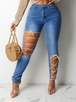 Women's Jeans Ripped Tie Stretch Slim Jeans