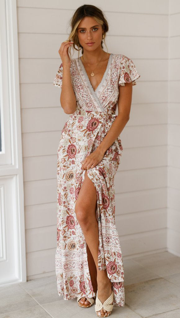 Floral V-neck Short Sleeve Maxi Dress