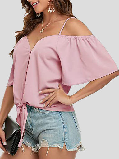 Women's Blouses Sling Single Breasted Knotted Off Shoulder Blouse