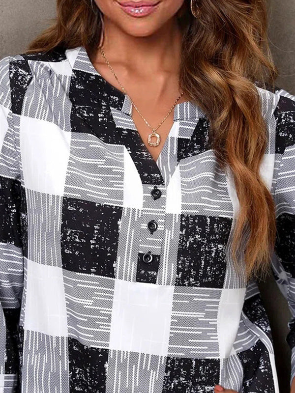 Women's Blouses V-Neck Plaid Print Three-Quarter Sleeves Blouse