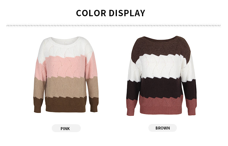 Off Shoulder Knit Color Block Casual Sweater