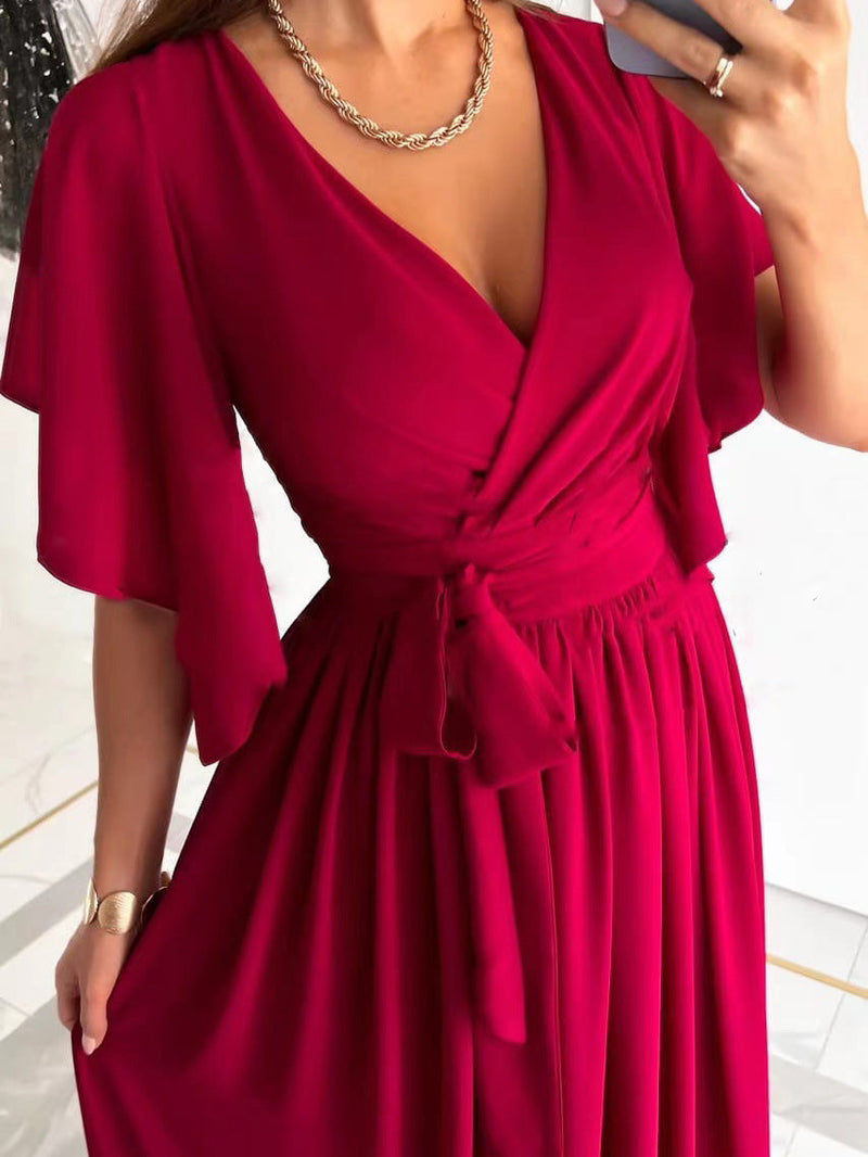 Women's Dresses Solid V-Neck Flared Sleeve Slit Dress