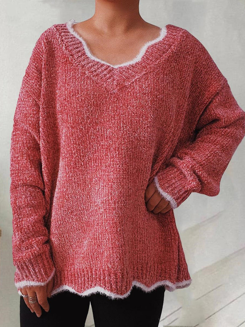 Women's Sweaters Solid Wavy Neck Long Sleeve Sweater