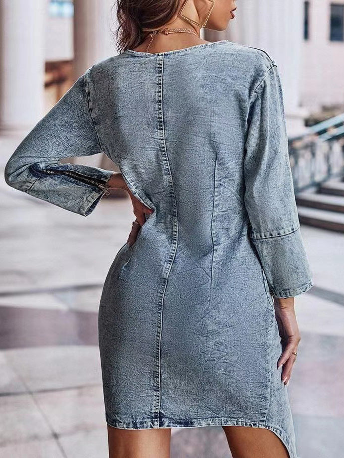 Women's Dresses V-Neck Stretch Zip Wash Denim Dress