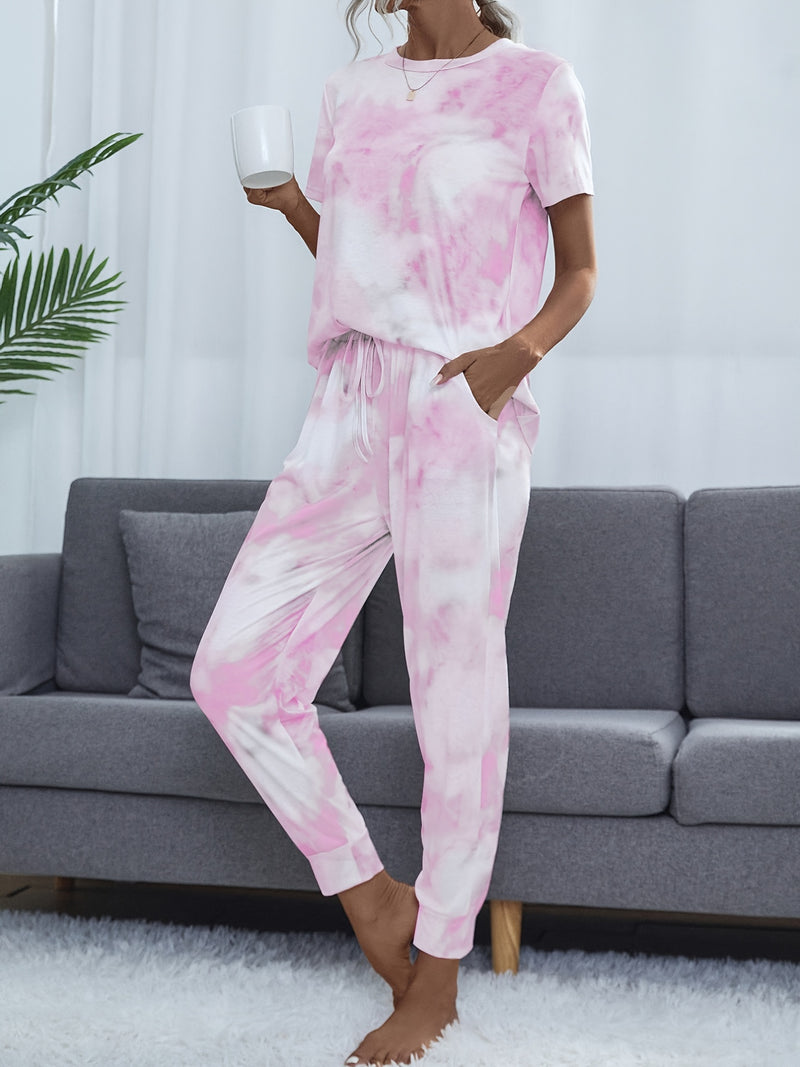 Casual Tie-dyed Pantsuits Two-piece Set, Short Sleeve Tops & Drawstring Loose Pants Set, Women's Clothing