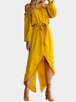 Yellow Off The Shoulder Long Sleeves Split Hem Maxi Dress with Belt