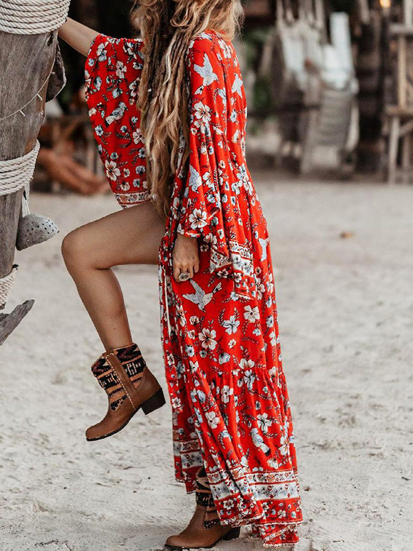 Women's Dresses Boho Print Lace-Up Long Sleeve Dress