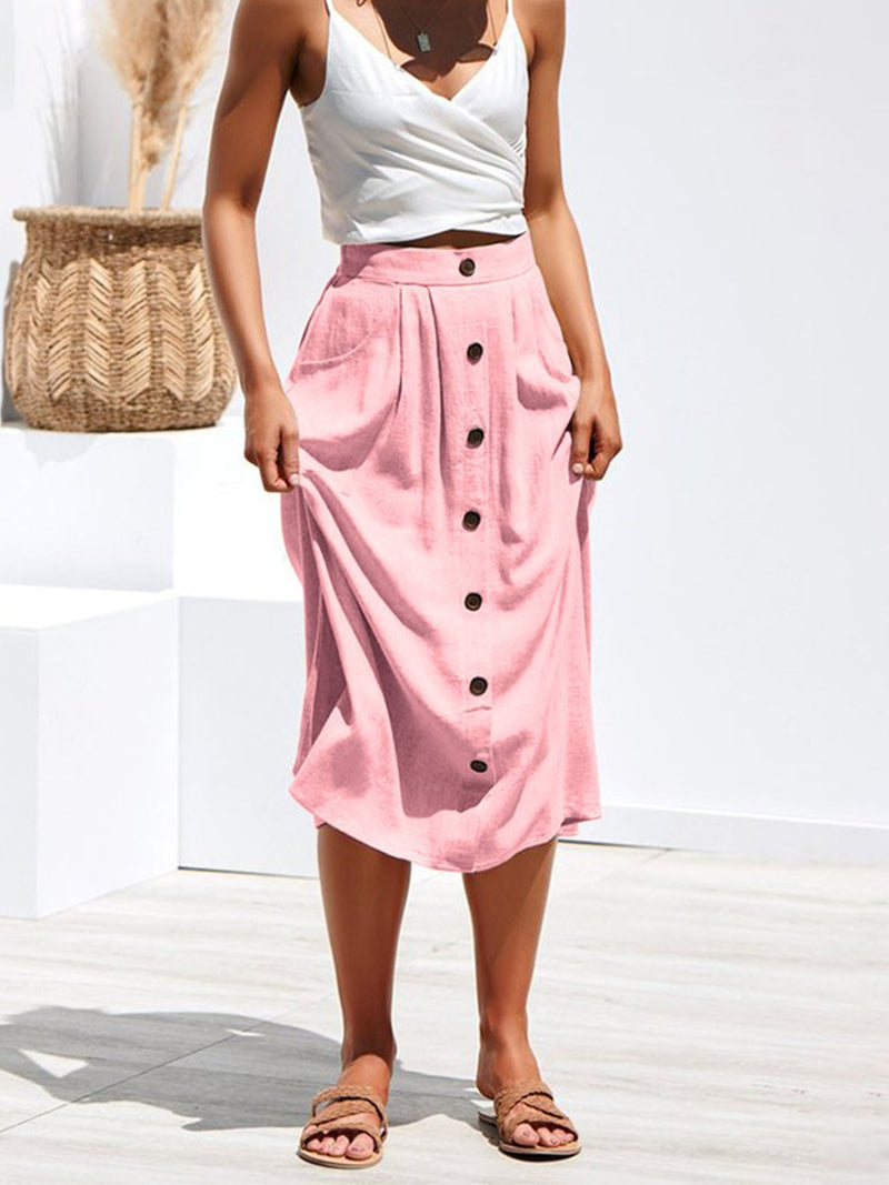 A-lined Buttons Knee Length Midi Skirt with Pockets - Landing Closet