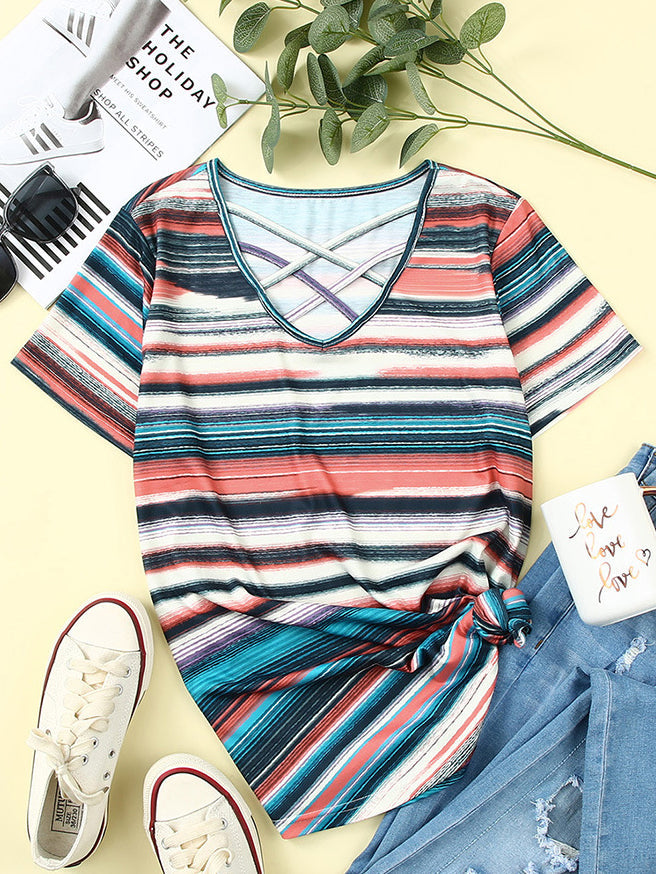 Women's T-Shirts Striped Print Cross Front Short Sleeve T-Shirt