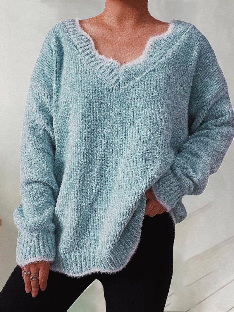 Women's Sweaters Solid Wavy Neck Long Sleeve Sweater