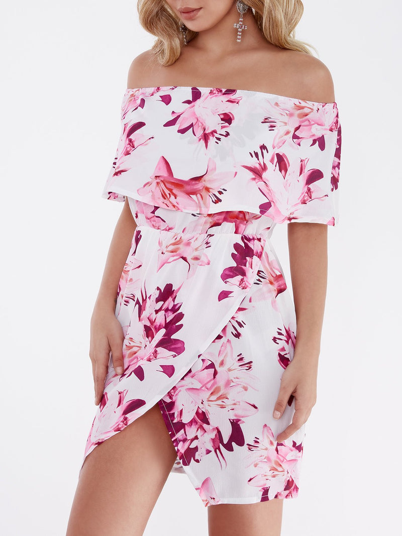 Random Floral Print Off Shoulder Tiered Dress - Landing Closet