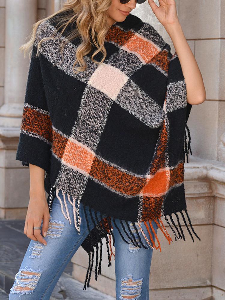 Fringe Hem Shawl Plaid Coat