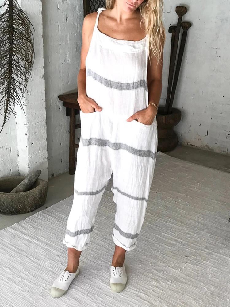 Striped Lace-up Pocket Loose Jumpsuit