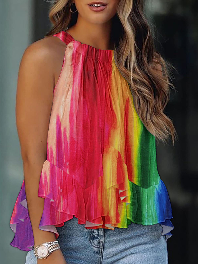 Women's Tank Tops Multicolor Print Halter Ruffle Sleeveless Tank Tops