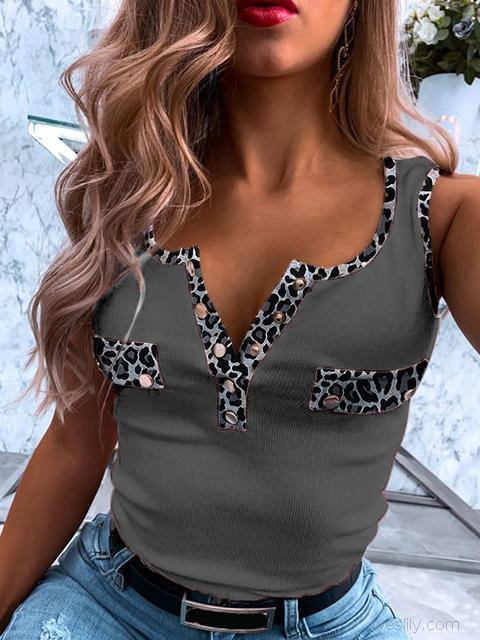 Leopard Button V Neck Tops