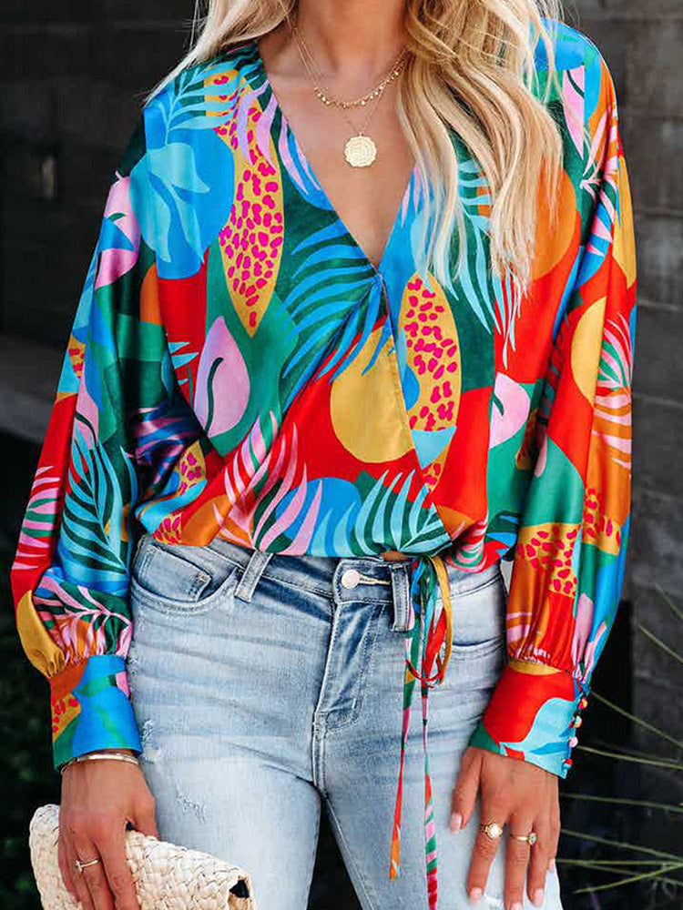 Women's Blouses Printed V-Neck Long Sleeve Casual Blouse