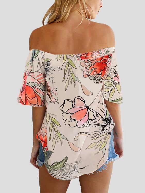 Floral Off Shoulder Blouse Irregular Hem - Landing Closet