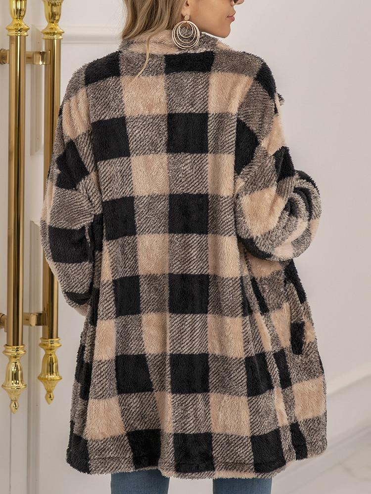 Plush Plaid Lapel Button Loose Coat