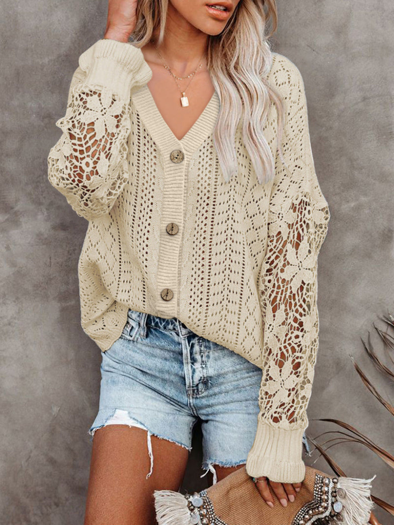 Women's Cardigans Single Breasted Hollow Lace Long Sleeve Sweater Cardigan