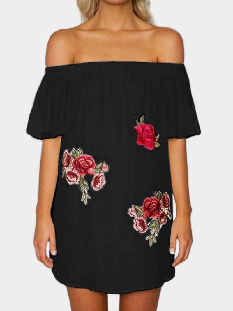 Embroidered Off The Shoulder Mini Dress - Landing Closet