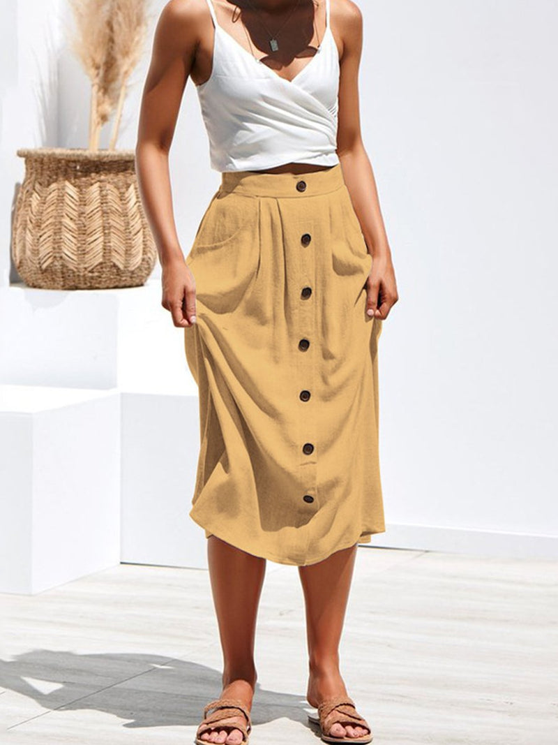 A-lined Buttons Knee Length Midi Skirt with Pockets - Landing Closet