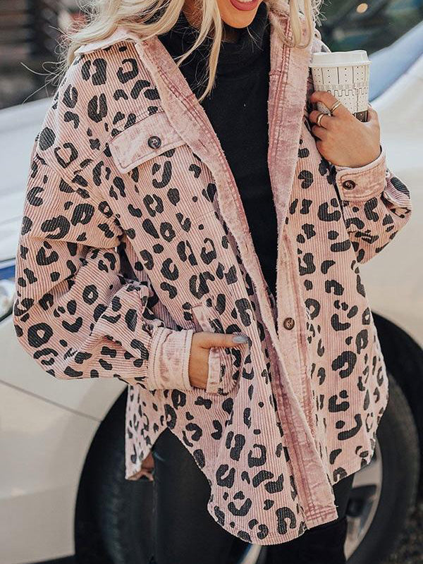 Women's Jackets Leopard Print Pocket Button Long Sleeve Jacket