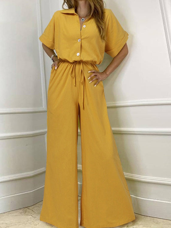 Women's Jumpsuits Lapel Button Short Sleeve Belted Wide Leg Jumpsuit