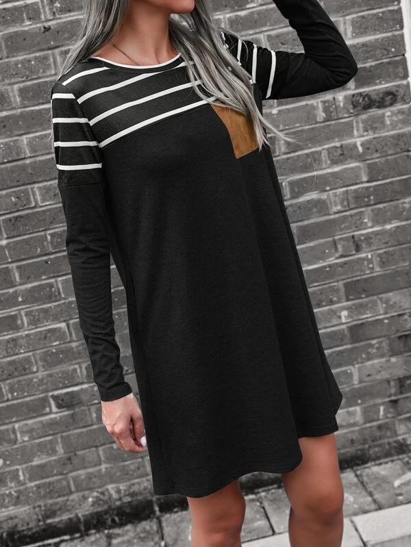 Women's Dresses Loose Striped Pocket Panel Long Sleeve Dress