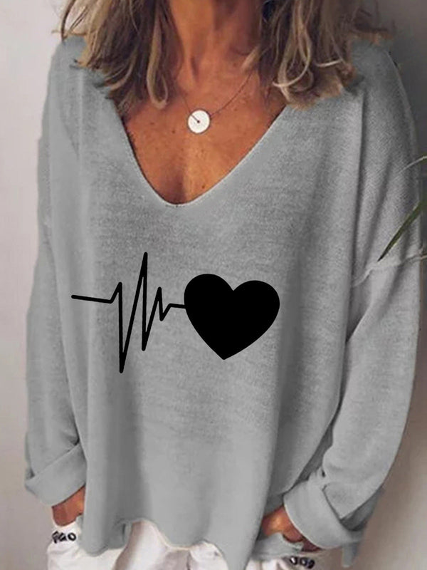 Women's T-Shirts Heartbeat Print V-Neck Long Sleeve T-Shirt