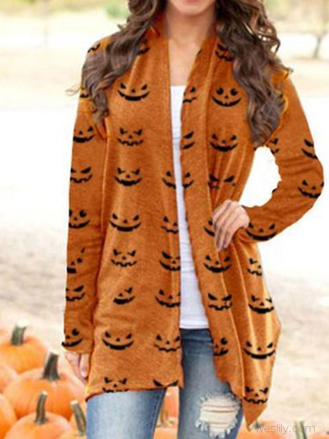 Halloween Pumpkin Face Print Cardigan