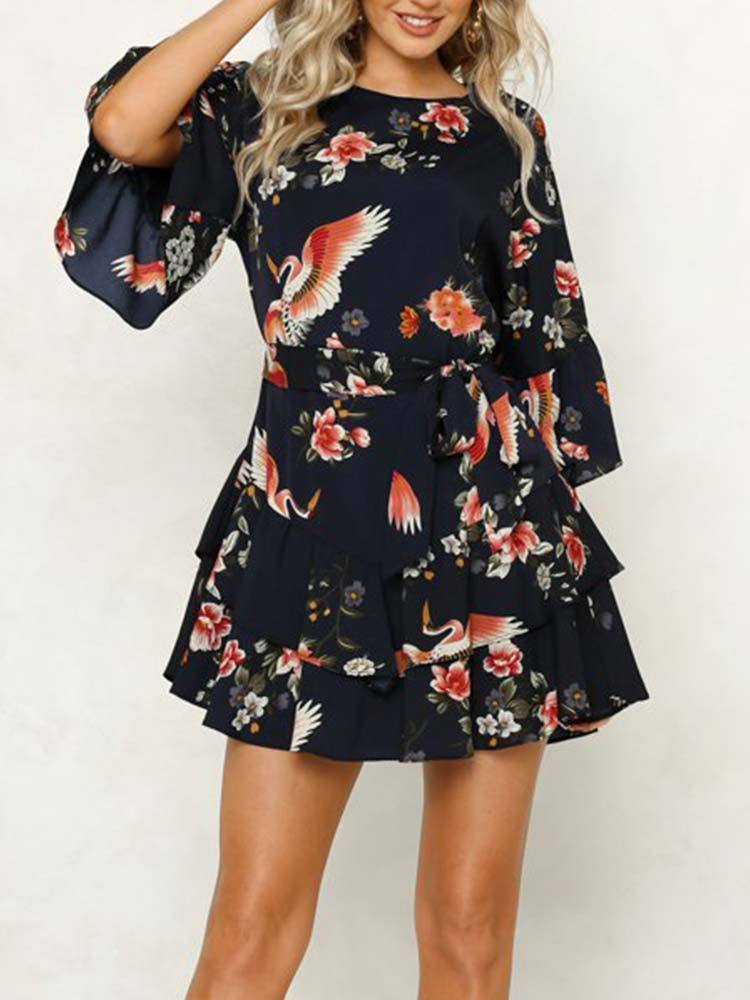 White 3/4 Length Sleeve Floral Pleated Hem Mini Dress