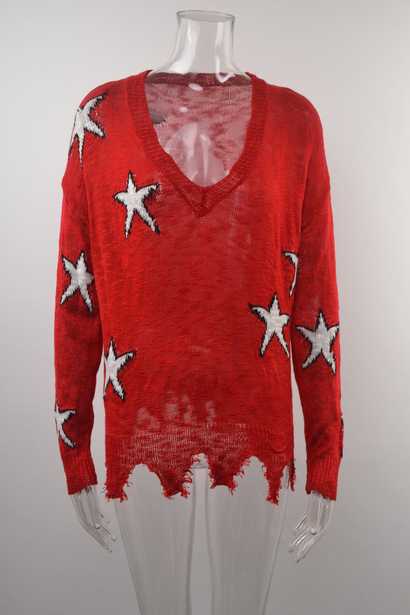 Casual V Neck Long Sleeve Star Print Sweater