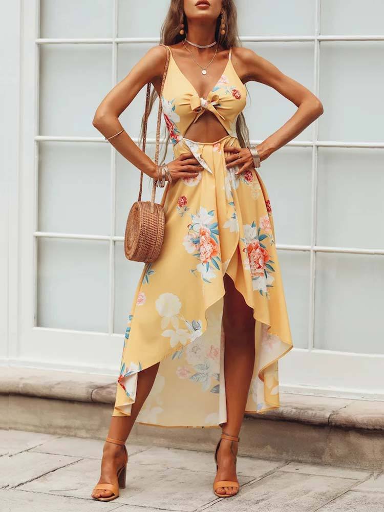 Pink Sleeveless Flowers Printed Irregular Hem Dress