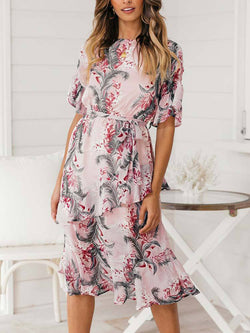 Ladies Short Sleeve Floral Printed Midi Dress