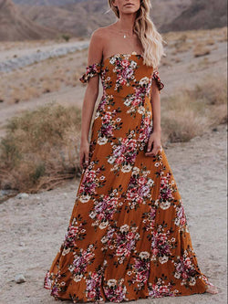 Flowers Printed Off Shoulder Party Maxi Dress - Landing Closet