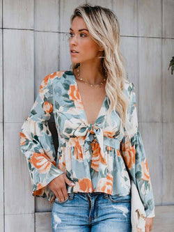 Long Sleeve Floral Deep V-neck Irregular Hem Blouse - Landing Closet