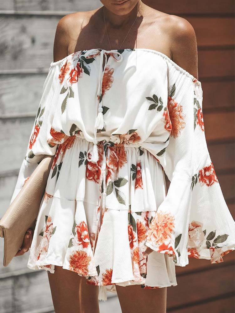 Red Flowers Printed Off Shoulder Mini Dress