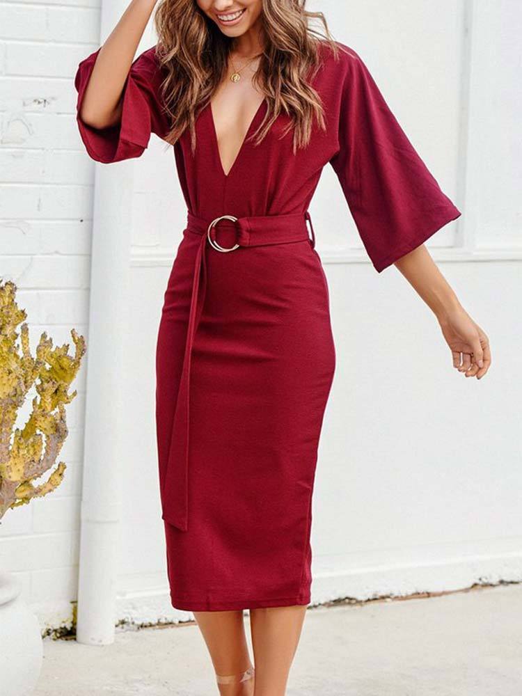 Women's Red V-neck Casual Dress