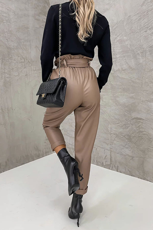 The Dash Petal Waist Pocketed Faux Leather Pants