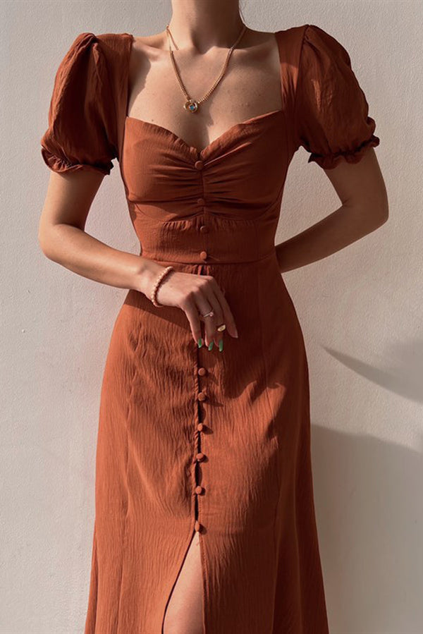 Time Flies Button Down Puff Sleeve Midi Dress