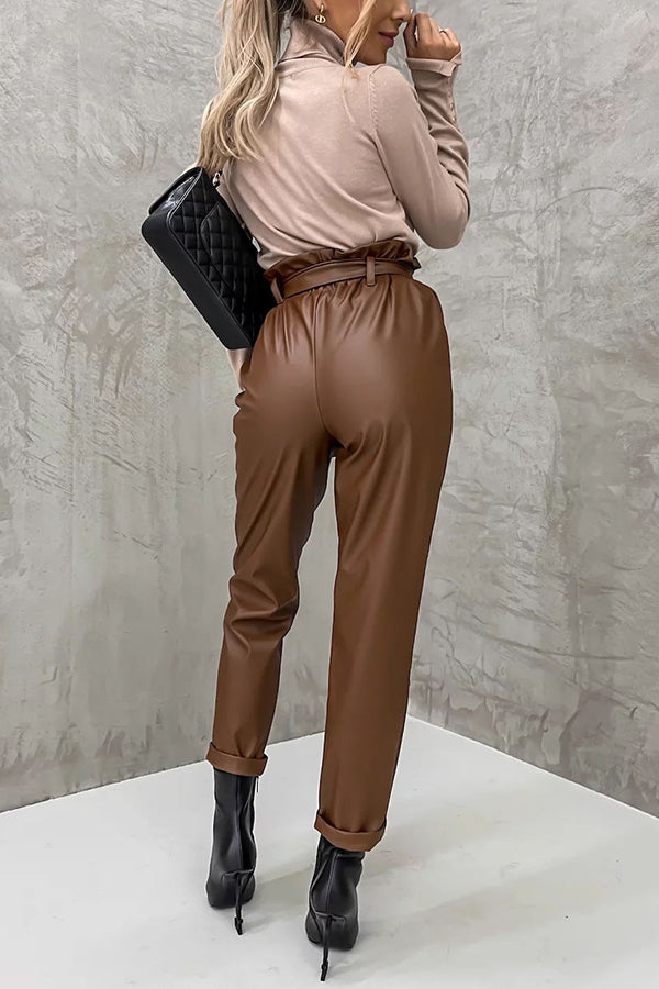 The Dash Petal Waist Pocketed Faux Leather Pants